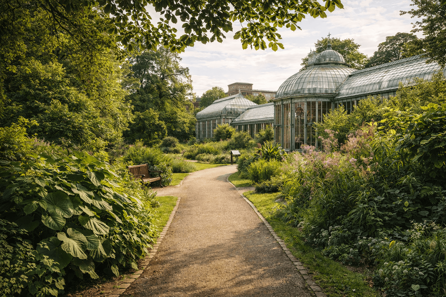 Allée paisible du Jardin botanique de Strasbourg avec végétation dense, serres et ambiance calme.