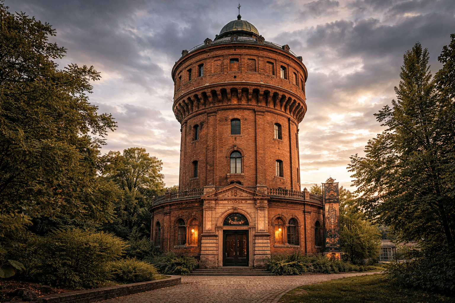 Vue extérieure d’un ancien château d’eau en briques abritant le Musée Vodou à Strasbourg.