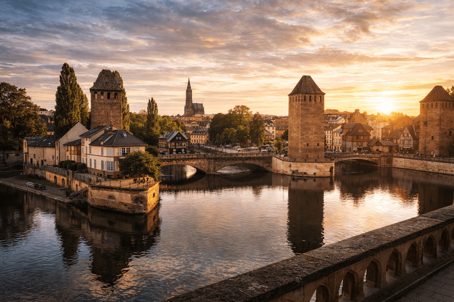 Vue panoramique sur la Petite France et les canaux de Strasbourg depuis le Barrage Vauban.