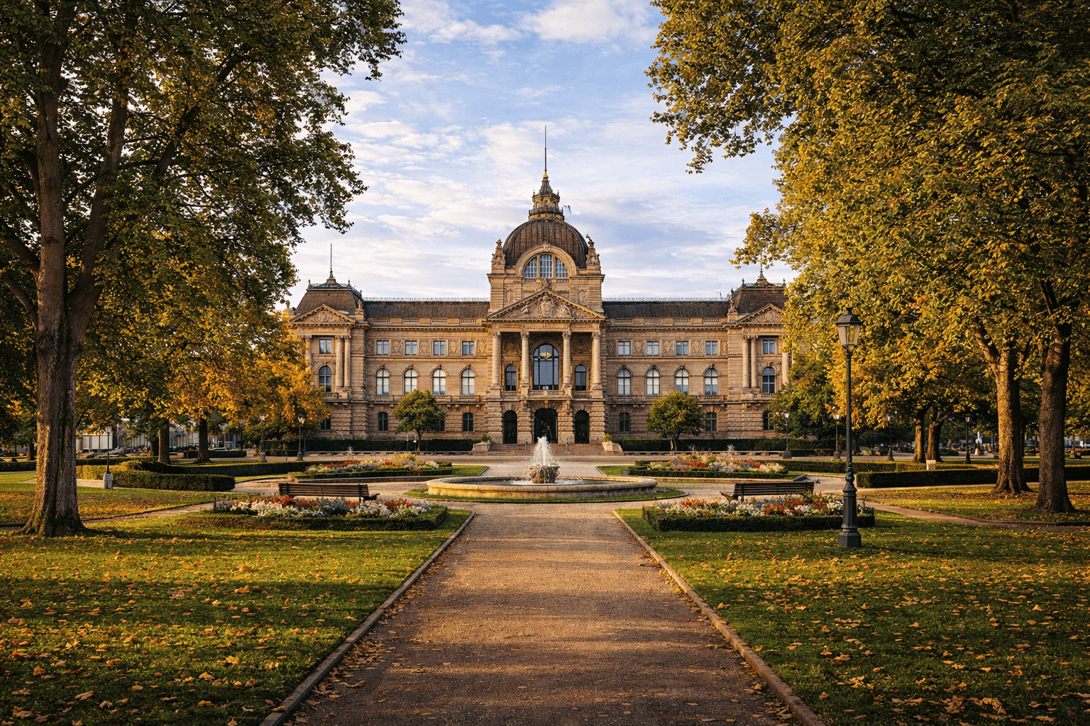 Vue du Palais du Rhin à travers les allées arborées et les pelouses de la place de la République.