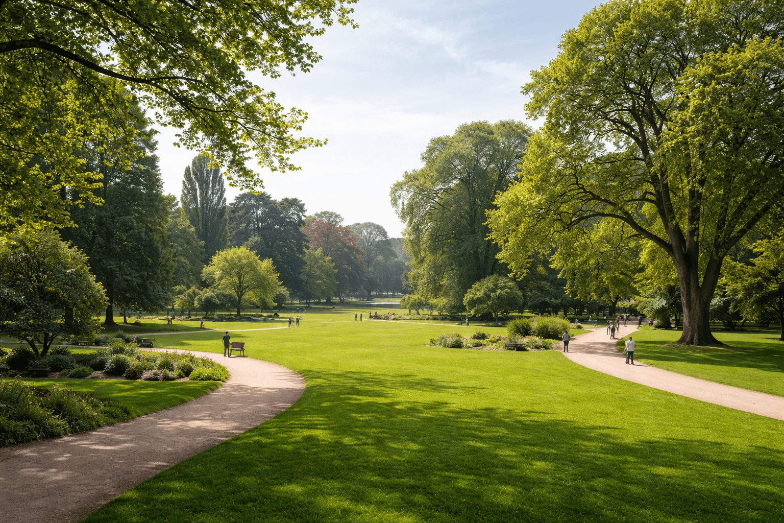 Vue large du parc de l’Orangerie avec grandes pelouses, arbres majestueux et promeneurs à Strasbourg.