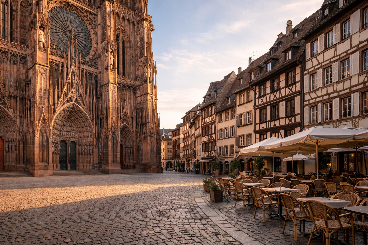 La place de la Cathédrale à Strasbourg avec la façade de Notre-Dame entourée de maisons à colombages.