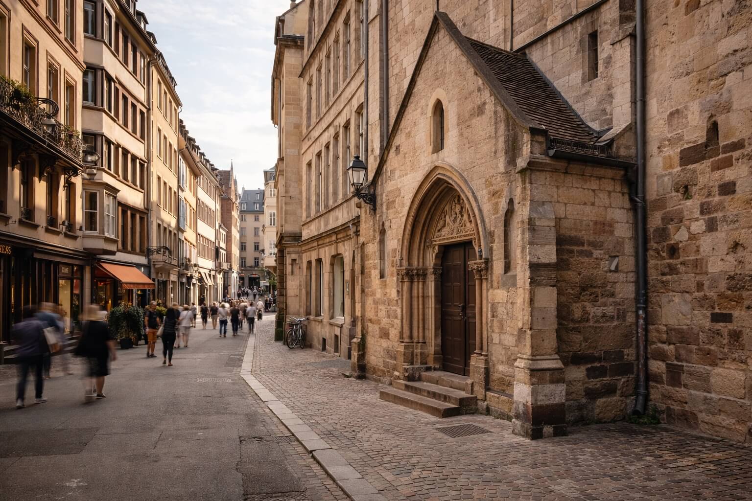 Vue du centre historique de Strasbourg près de l’église Saint-Pierre-le-Jeune, à proximité de la place Kléber.