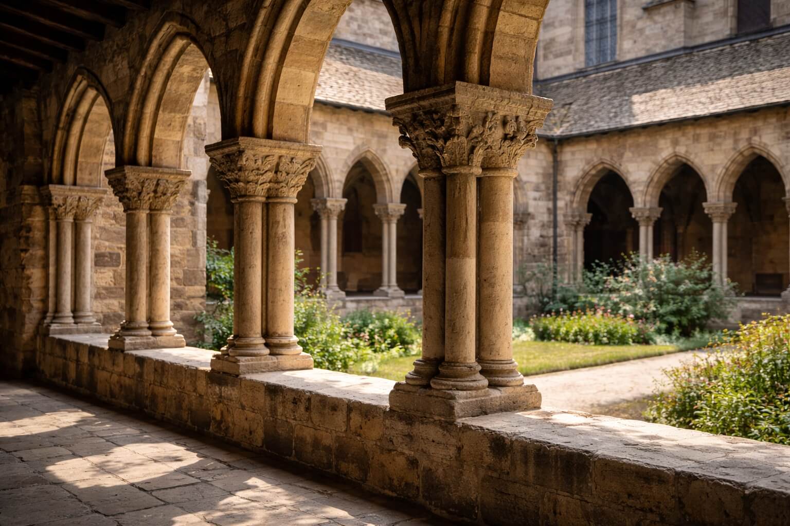 Ambiance calme dans le cloître de Saint-Pierre-le-Jeune, avec ses arcades anciennes et son jardin intérieur.