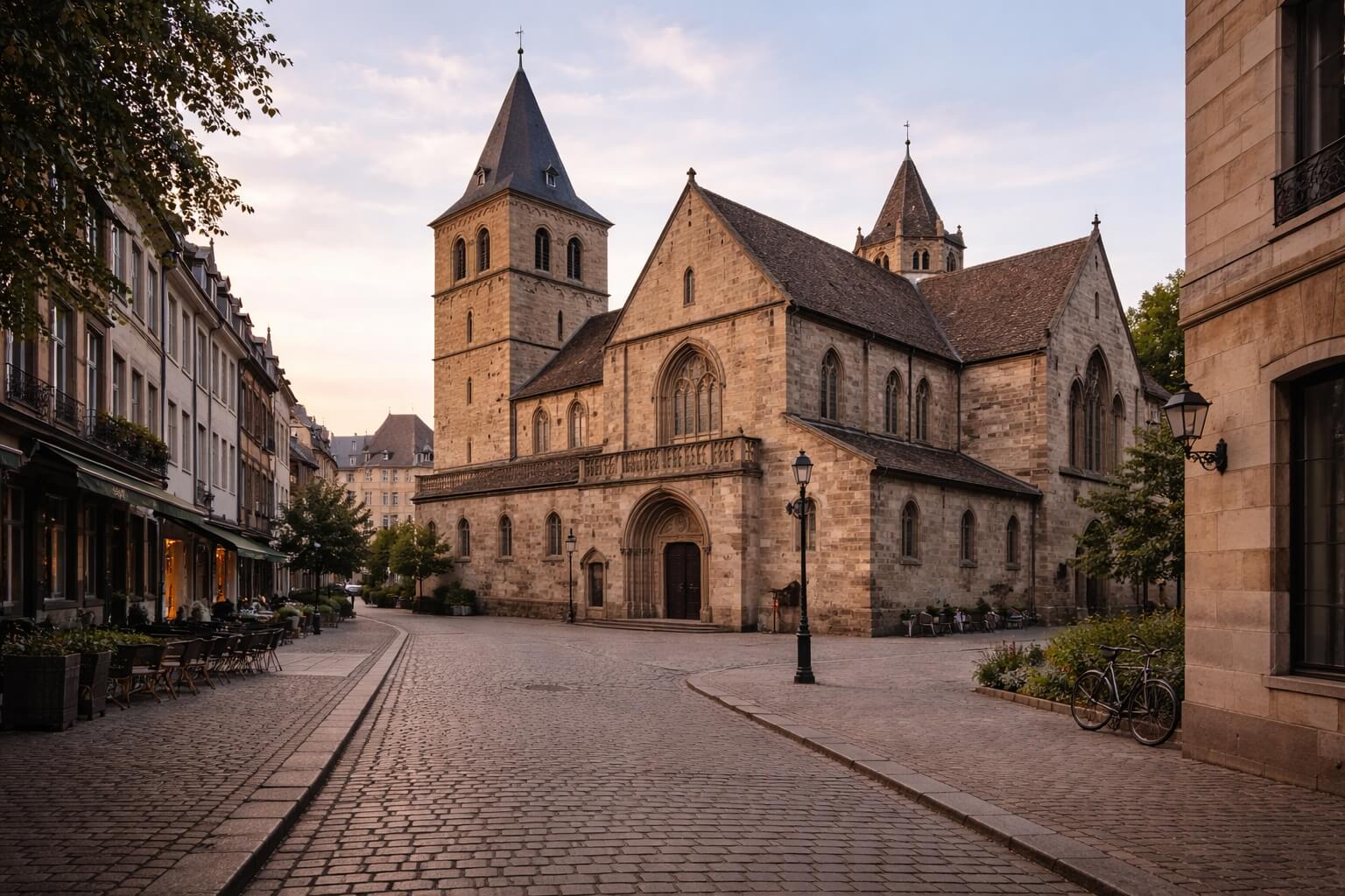 Photographie réaliste en format paysage de l’église Saint-Pierre-le-Jeune à Strasbourg tôt le matin, rue calme presque vide, lumière douce et fraîche, façade ancienne baignée d’une clarté discrète, ambiance intime et confidentielle, centre historique encore silencieux, rendu éditorial premium, composition large, authenticité maximale, très belles textures de pierre