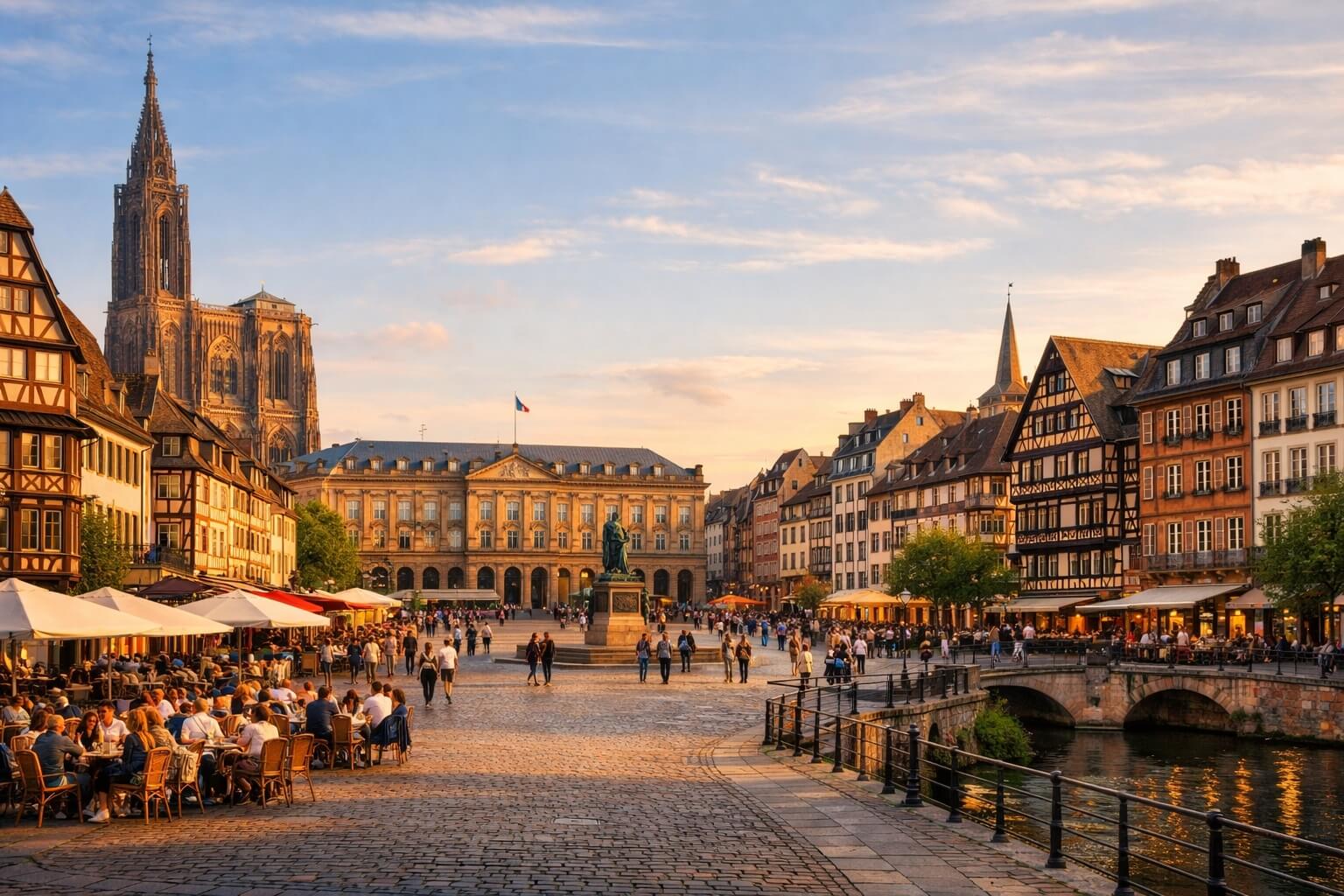 Vue d’ensemble du centre historique de Strasbourg avec ses places, ses façades alsaciennes et son ambiance animée.