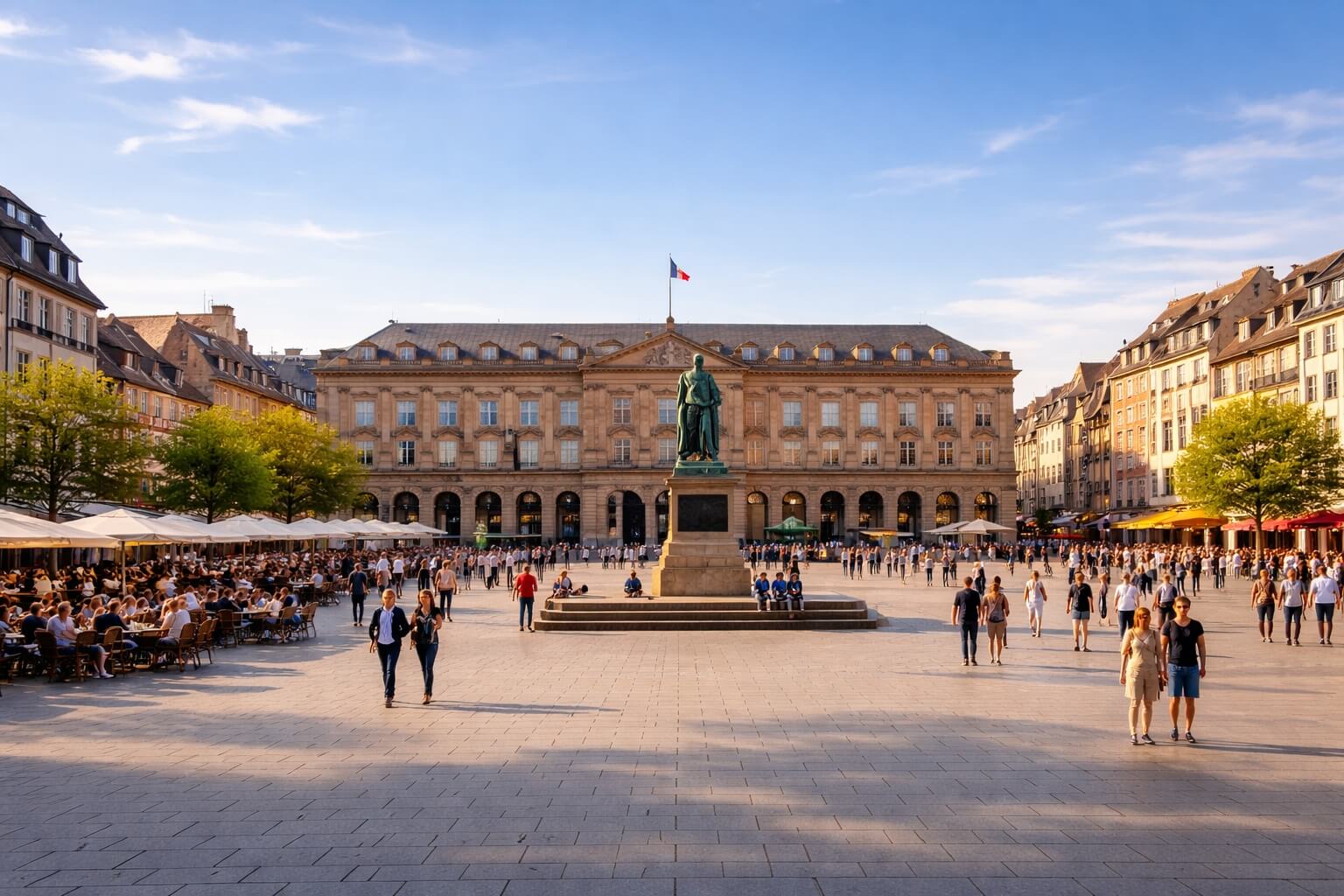 La place Kléber à Strasbourg avec sa grande esplanade, la statue centrale et le bâtiment de l’Aubette.
