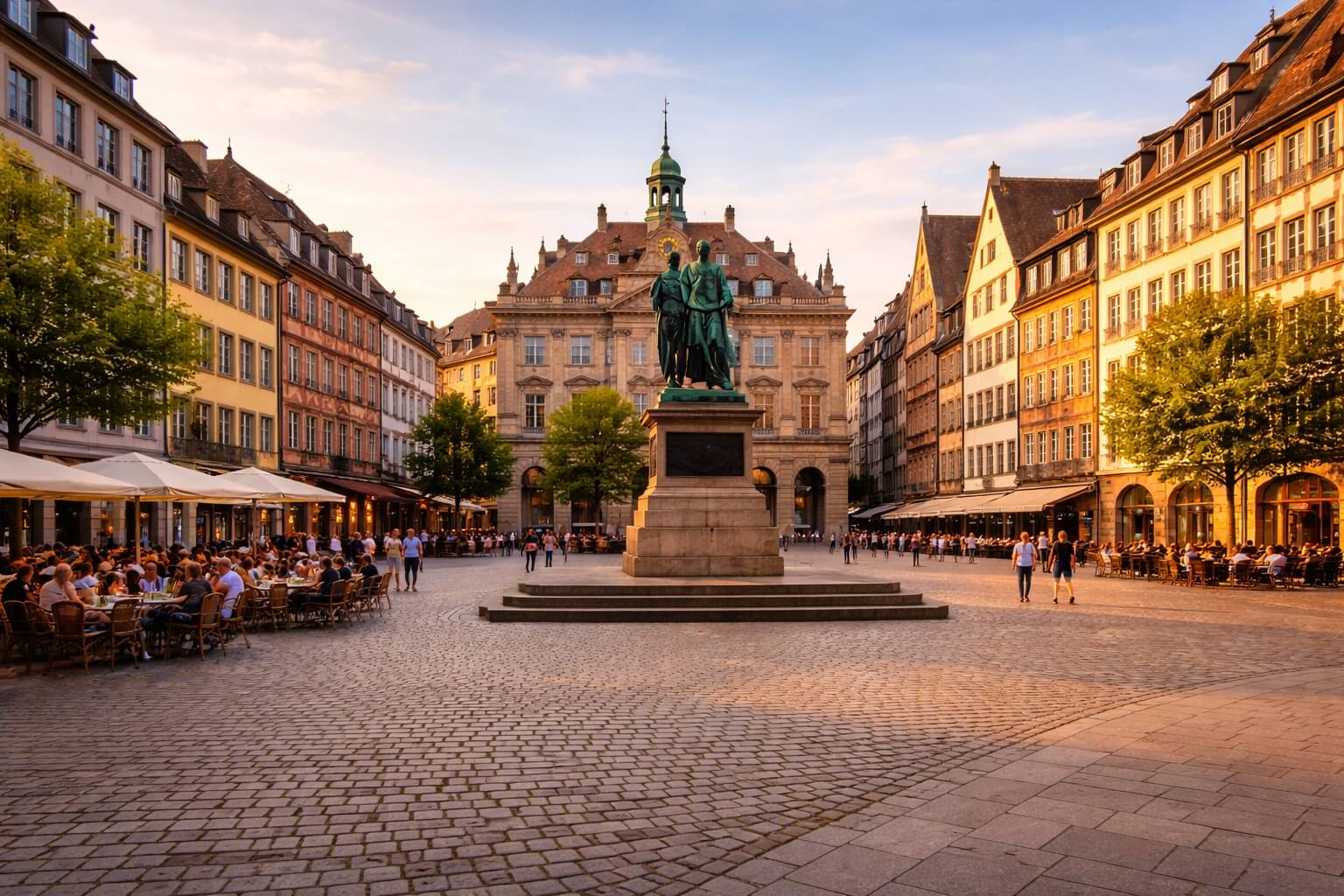 La place Gutenberg avec sa statue centrale, ses façades colorées et son atmosphère plus intime.