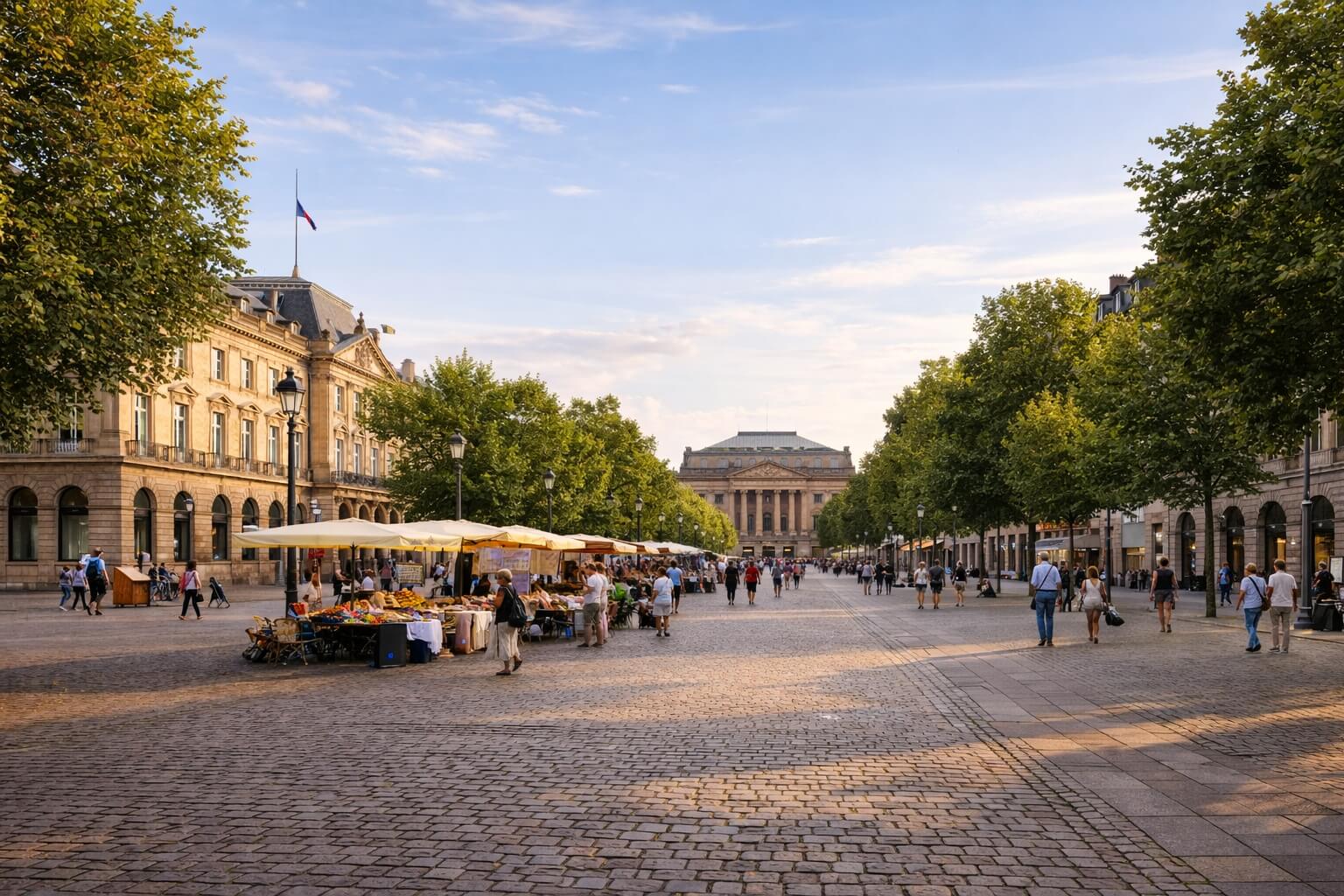 La place Broglie à Strasbourg, bordée d’arbres et de bâtiments officiels comme l’opéra.