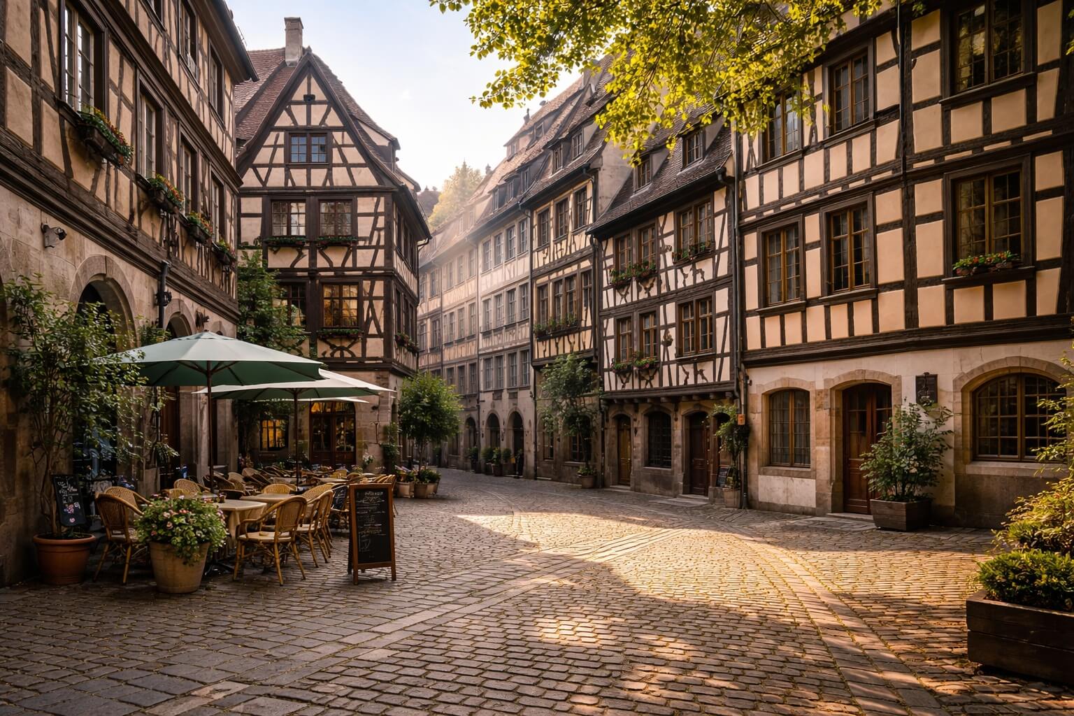 La place du Marché-aux-Cochons-de-Lait, petite place discrète entourée de maisons à colombages anciennes.