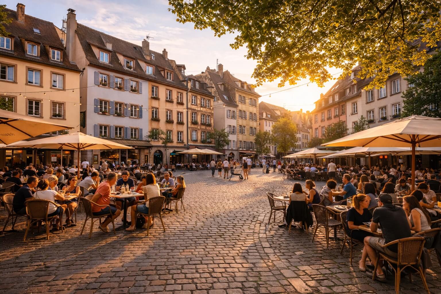 La place du Marché-Gayot avec ses terrasses, ses restaurants et son ambiance conviviale.