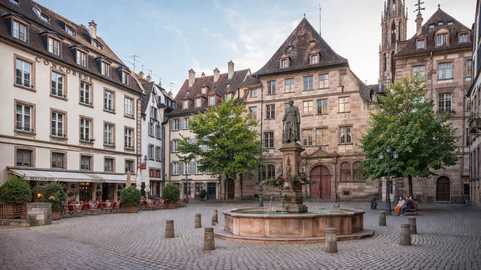 La place Saint-Étienne à Strasbourg, calme et discrète, avec sa fontaine et ses bâtiments historiques.