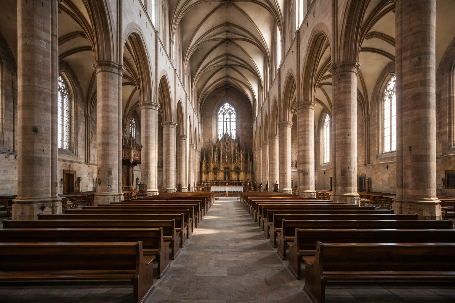 Vue intérieure de l’église Saint-Thomas montrant la grande nef, les voûtes gothiques et l’atmosphère sobre du lieu.
