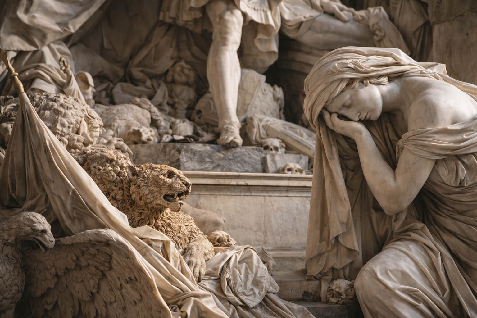 Détail des sculptures en marbre du tombeau du maréchal de Saxe dans l’église Saint-Thomas.