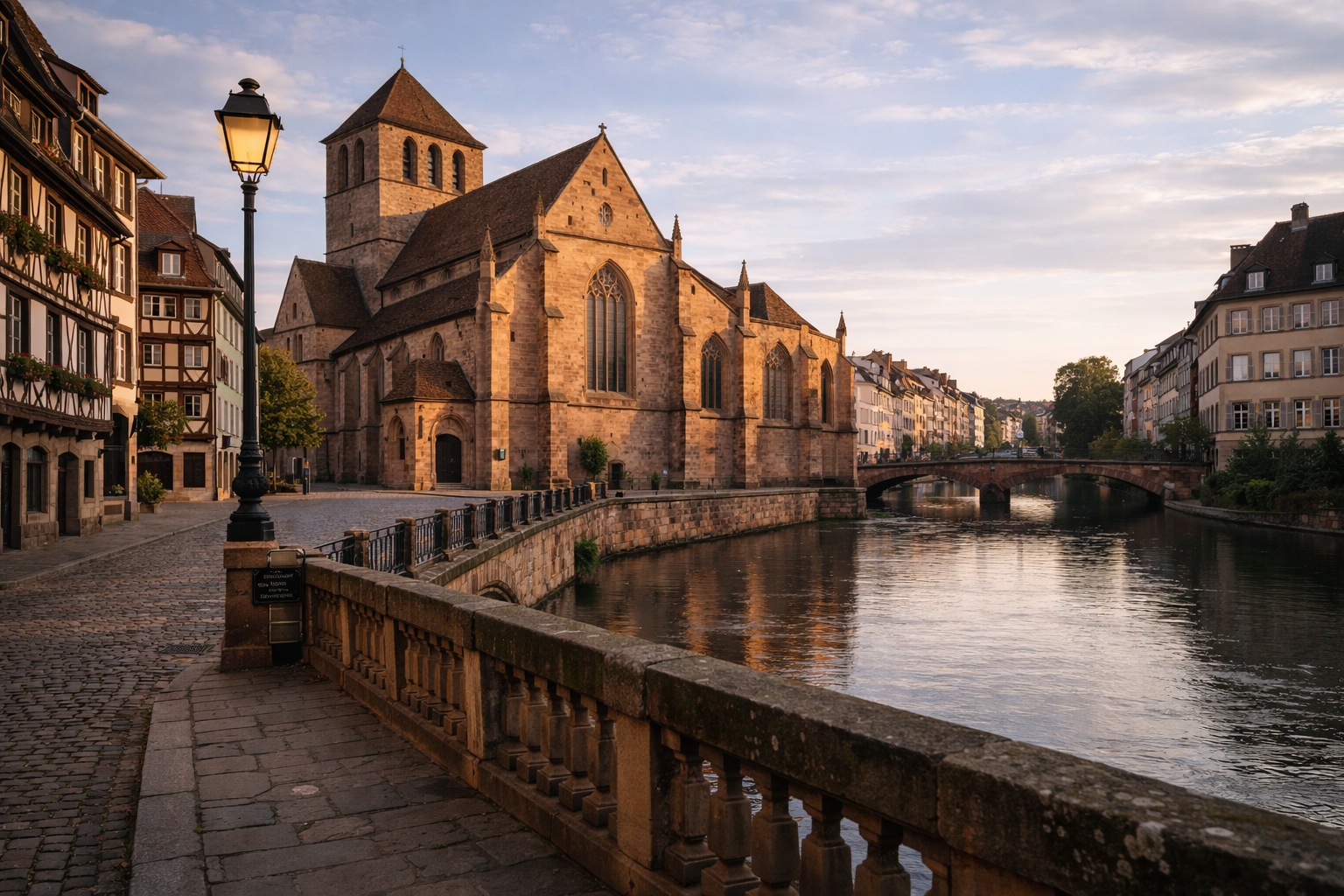 Environnement urbain autour de l’église Saint-Thomas dans le centre historique de Strasbourg.