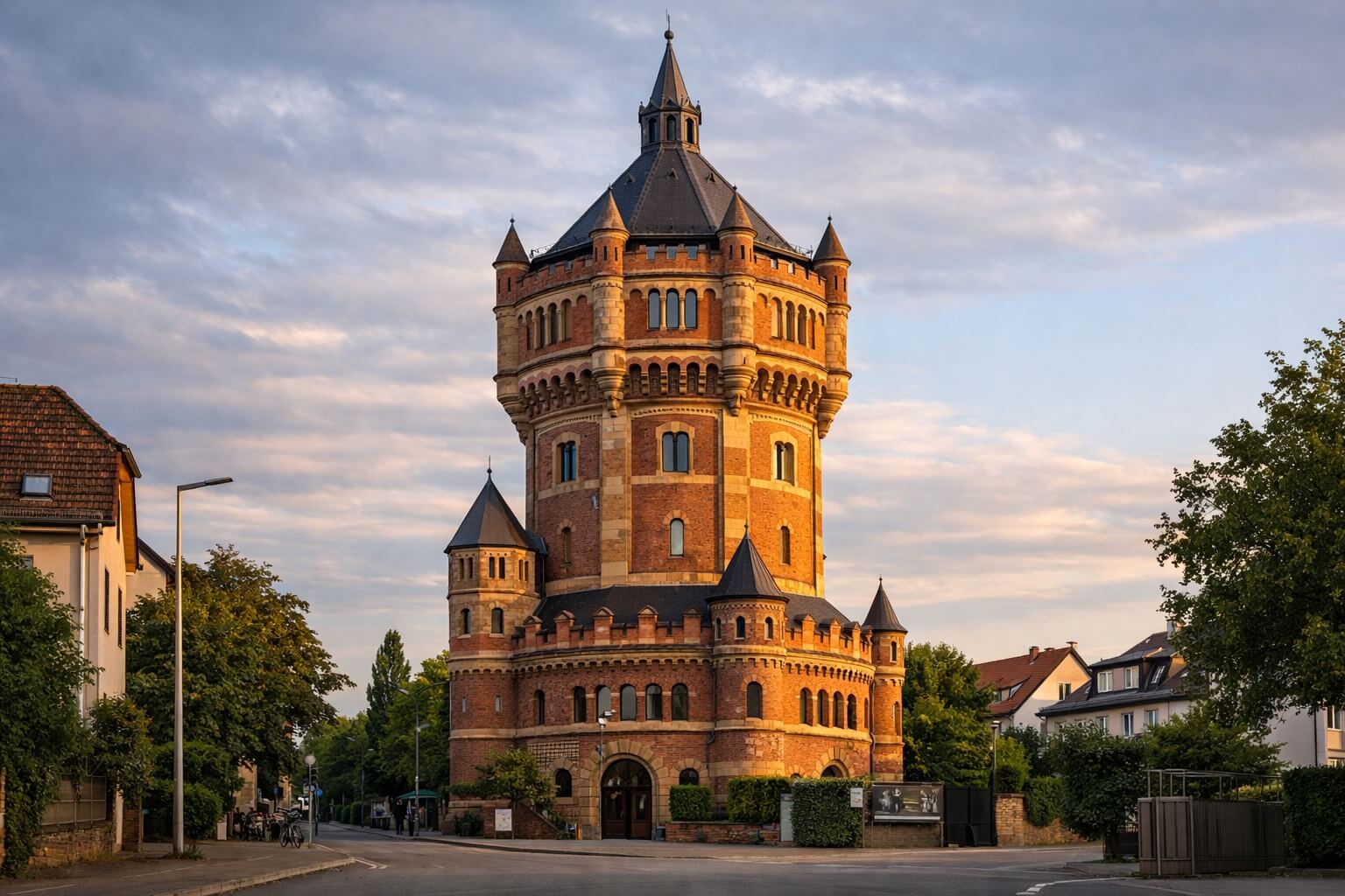 Vue extérieure du Musée Vodou de Strasbourg, ancien château d’eau en briques au style historique, dans un quartier résidentiel.