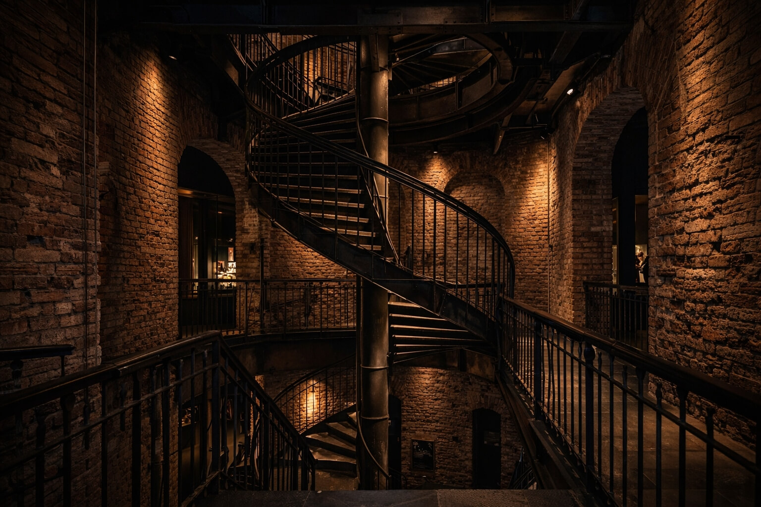 Intérieur du Musée Vodou avec escalier métallique, briques apparentes et ambiance tamisée.