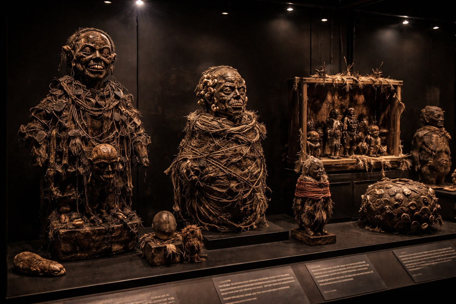 Salle d’exposition du Musée Vodou avec vitrines, objets rituels et présentation sobre.