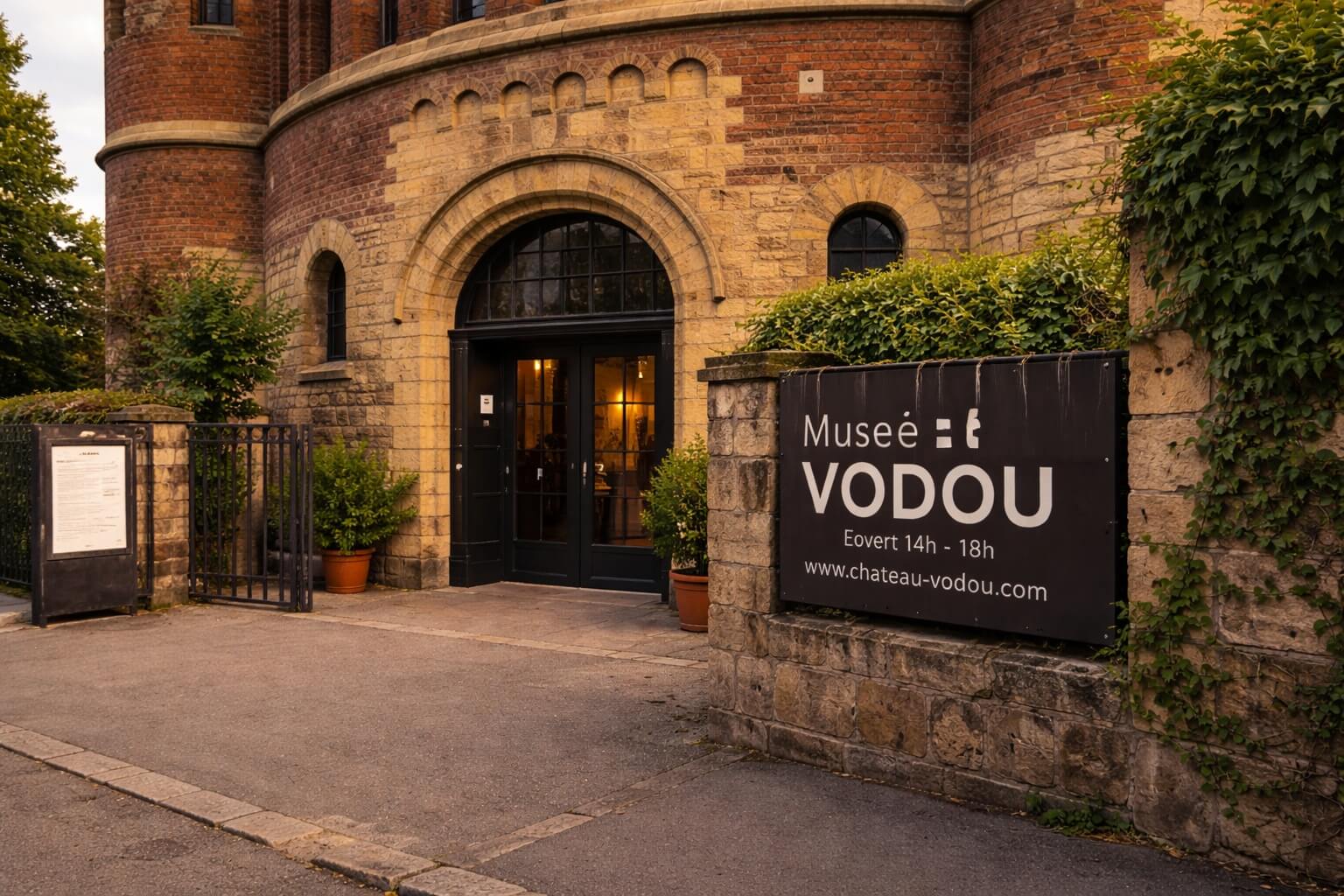 Entrée du Musée Vodou au pied d’un ancien château d’eau en briques à Strasbourg.