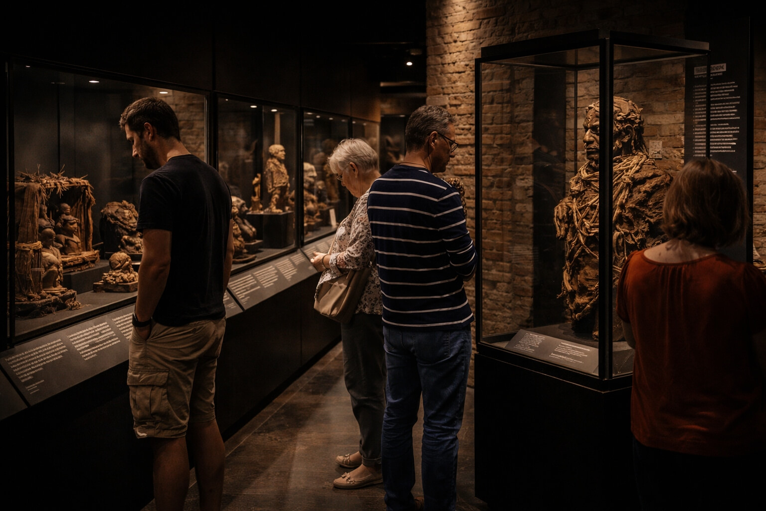 Visiteurs découvrant calmement les collections du Musée Vodou dans une salle tamisée.