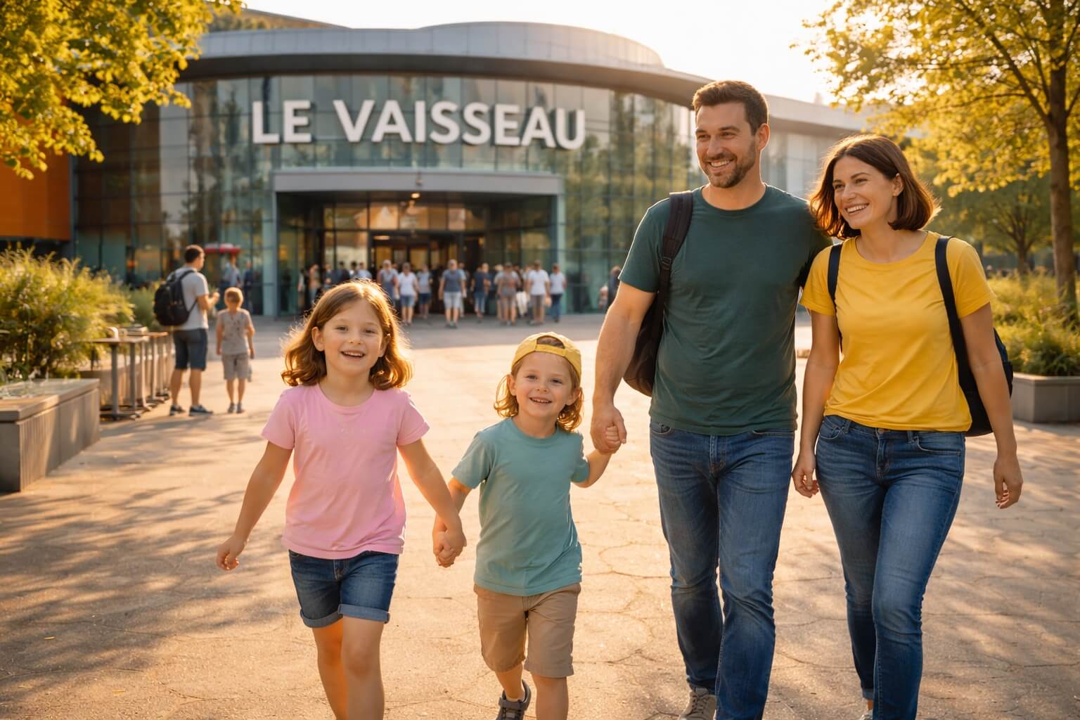 Une famille souriante sort du Vaisseau après une visite réussie à Strasbourg.