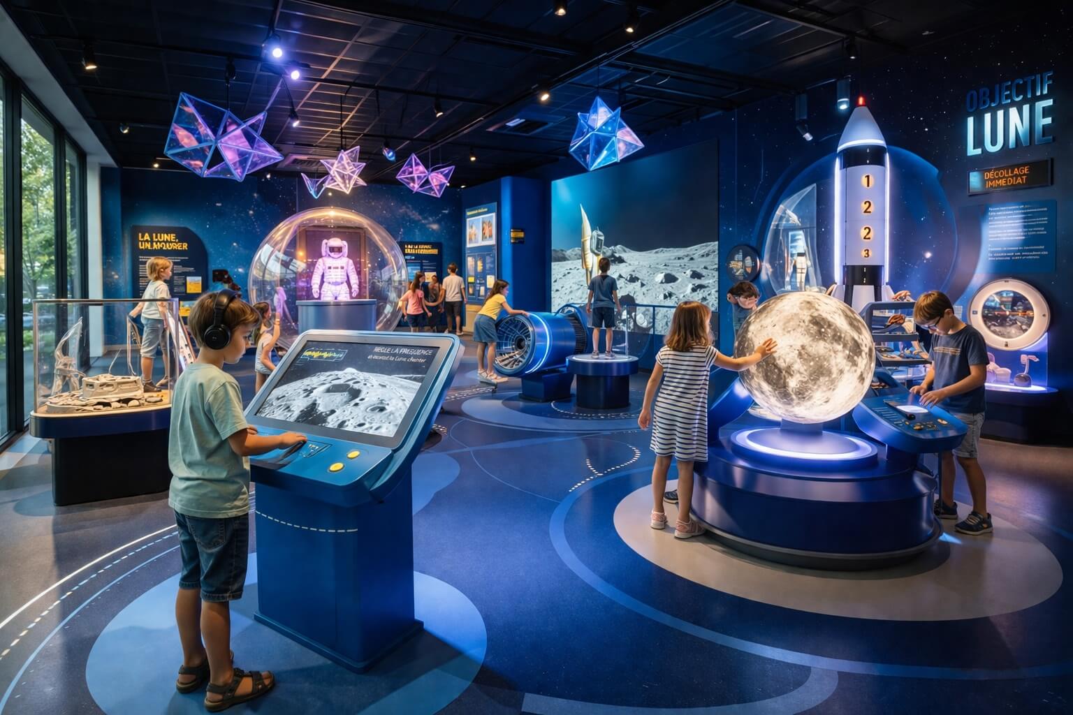 Une salle d’exposition temporaire interactive au Vaisseau avec scénographie moderne.