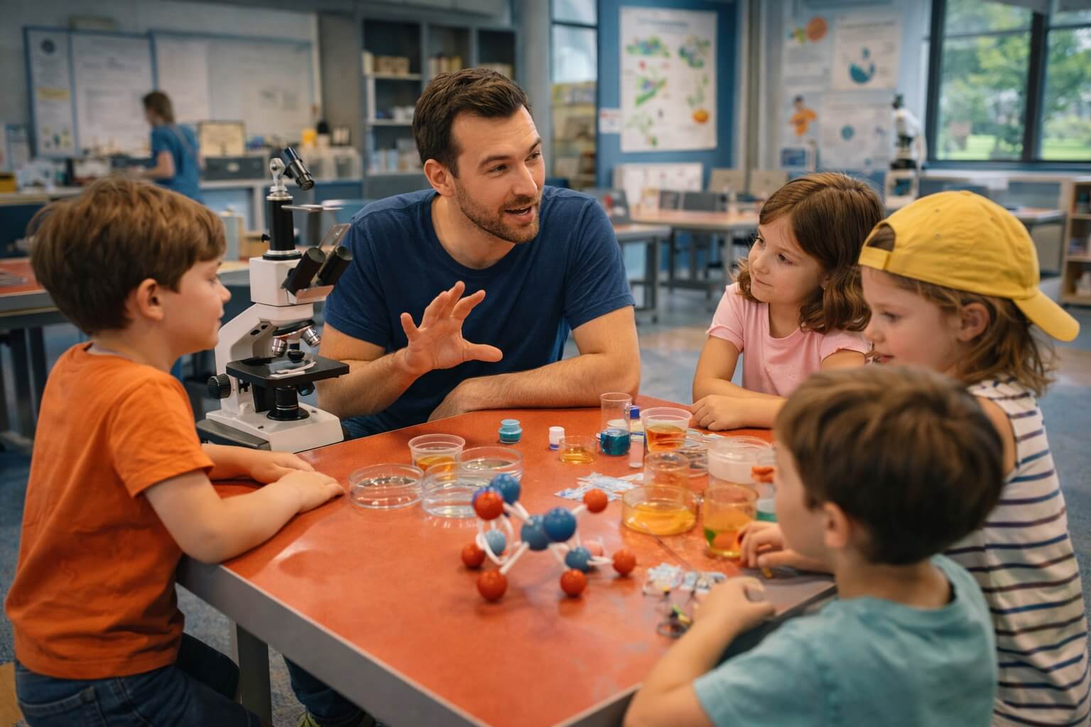 Un animateur guide un petit groupe d’enfants lors d’un atelier scientifique