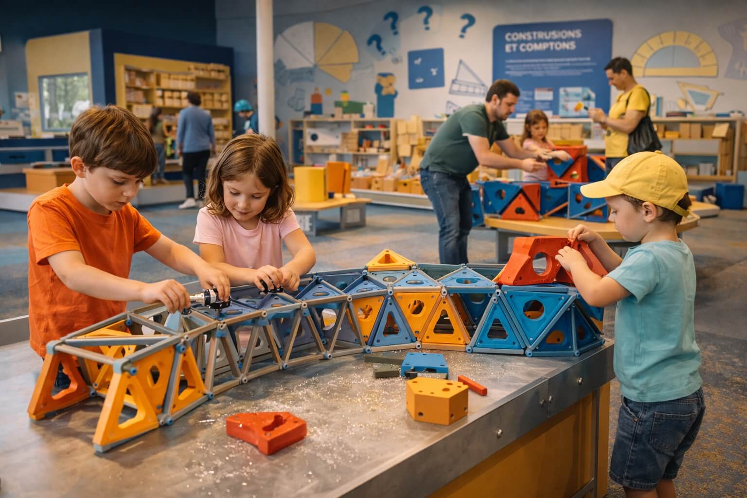 Des enfants construisent des structures géométriques dans un espace d’expérimentation