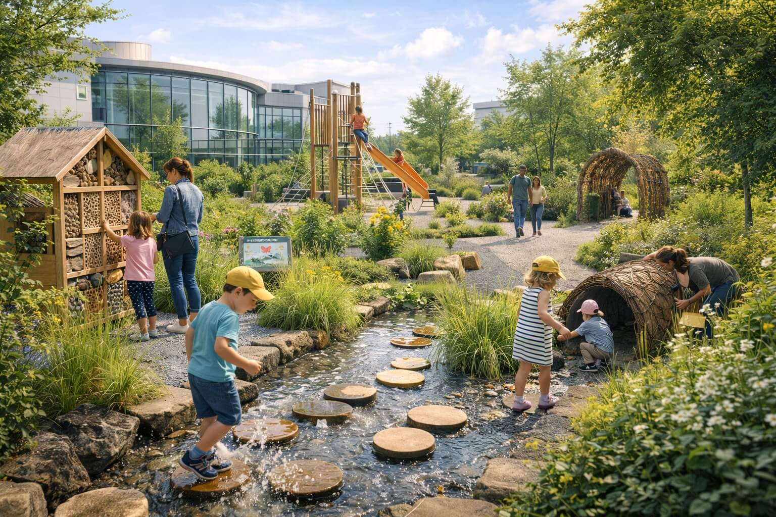 Le jardin extérieur du Vaisseau avec installations ludiques, verdure et familles en promenade.