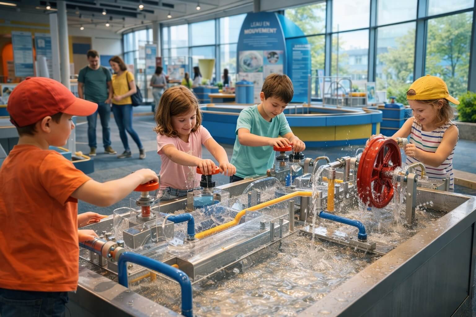 Des enfants jouent avec des circuits d’eau interactifs dans un espace pédagogique.