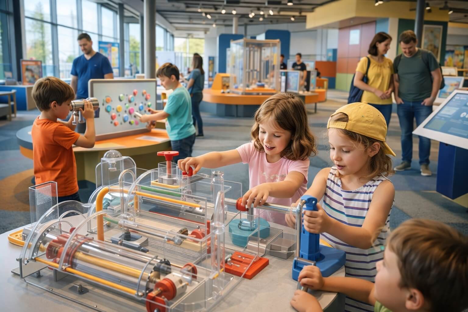 Des enfants manipulent des installations interactives dans un espace lumineux du Vaisseau.