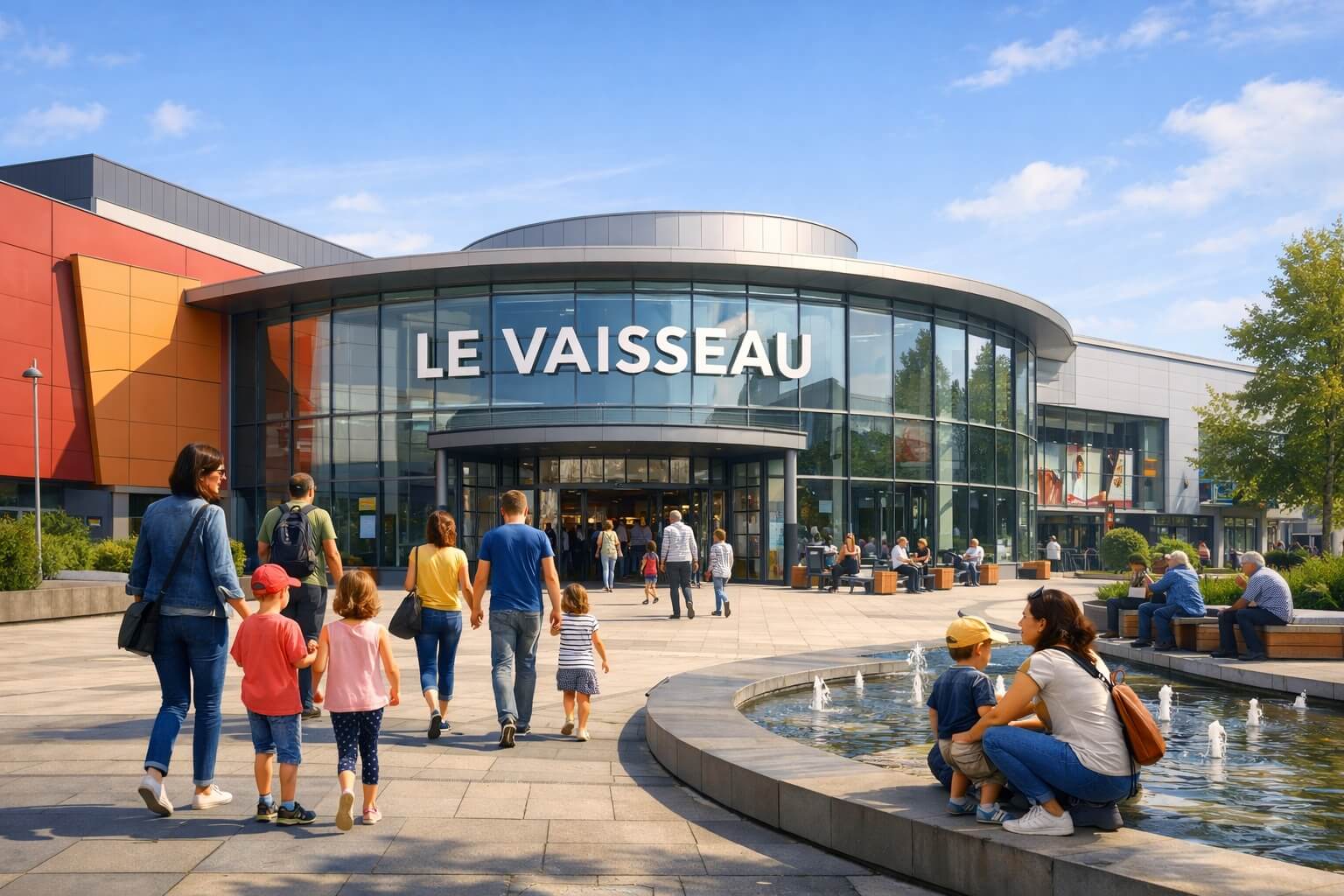 Vue extérieure du Vaisseau à Strasbourg, centre de sciences pour enfants, avec architecture contemporaine et familles à l’entrée.