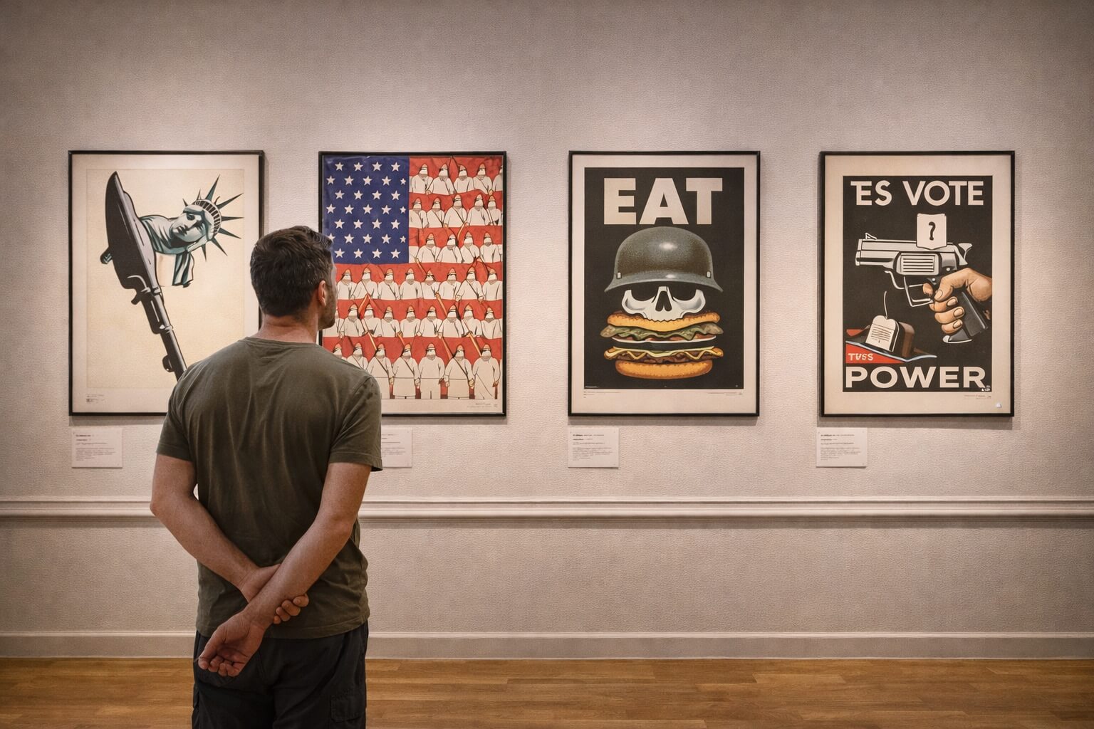 Un visiteur observe les œuvres satiriques de Tomi Ungerer dans le musée.