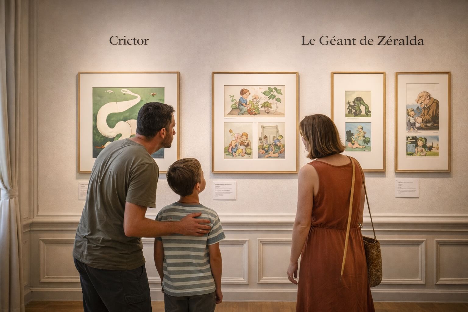 Une famille découvre les illustrations jeunesse de Tomi Ungerer dans le musée.
