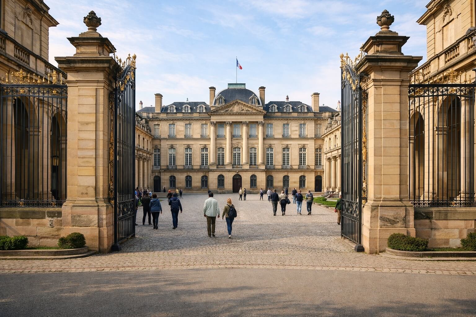 Cour d’honneur du Palais Rohan avec son portail monumental et ses colonnades élégantes.