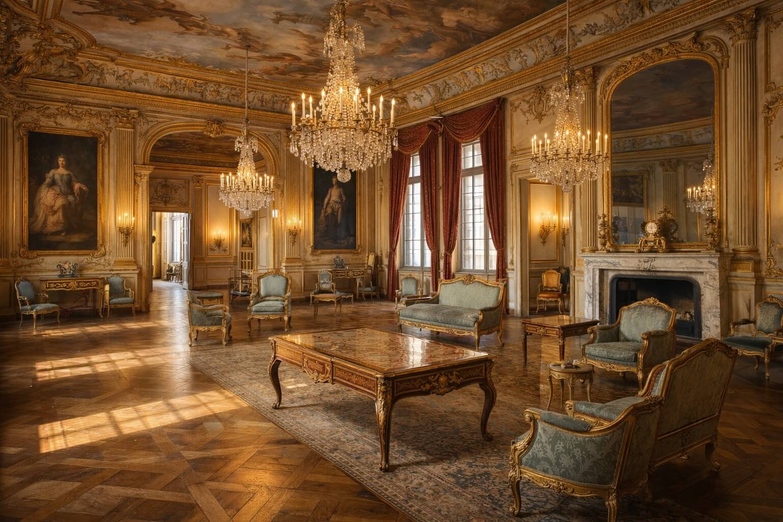 Salle d’apparat richement décorée à l’intérieur du Palais Rohan avec mobilier ancien et plafonds peints.