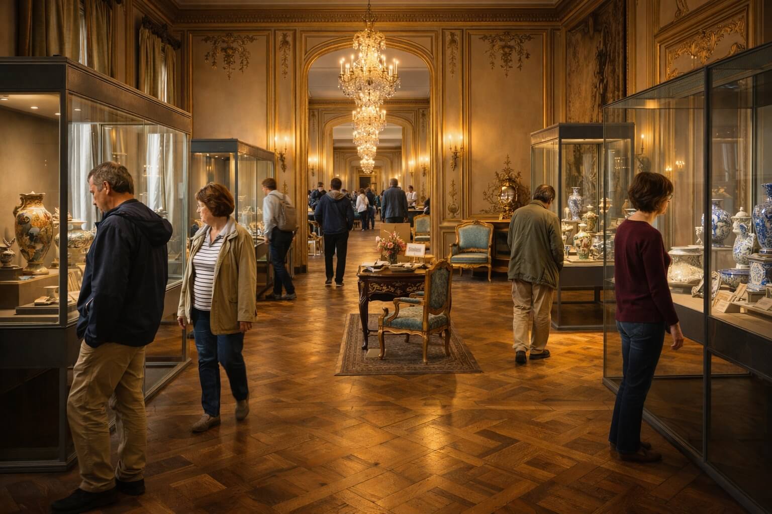 Visiteurs parcourant les salles du Musée des Arts décoratifs dans les anciens appartements du Palais Rohan.