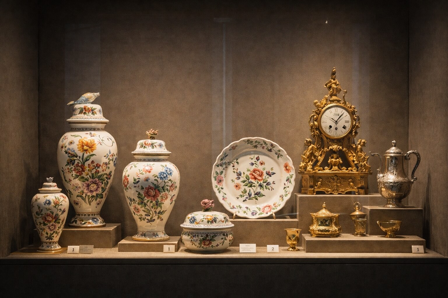 Vitrine présentant des faïences et objets d’art décoratif dans le Palais Rohan.