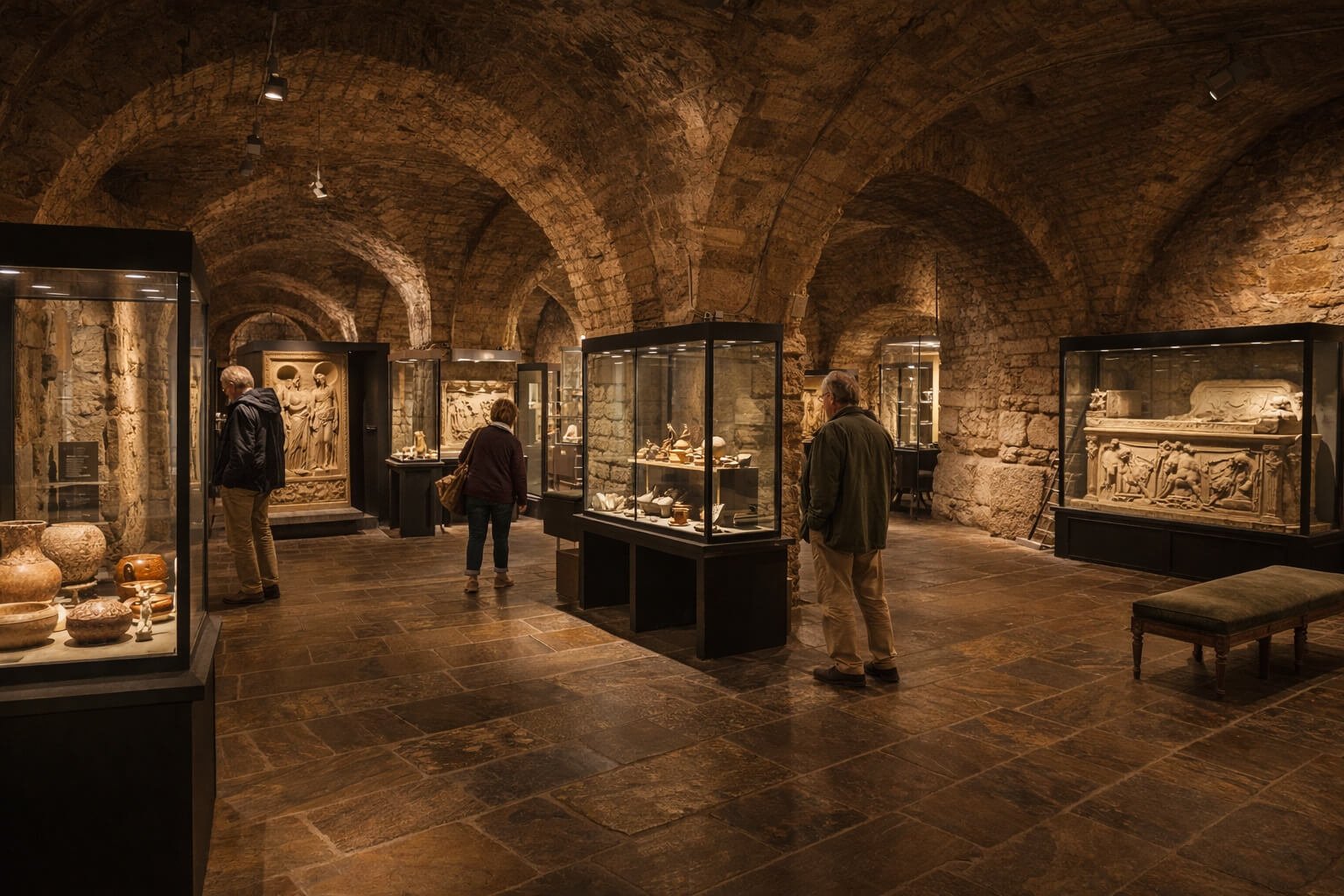 Caves voûtées du Musée archéologique du Palais Rohan avec objets gallo-romains exposés.