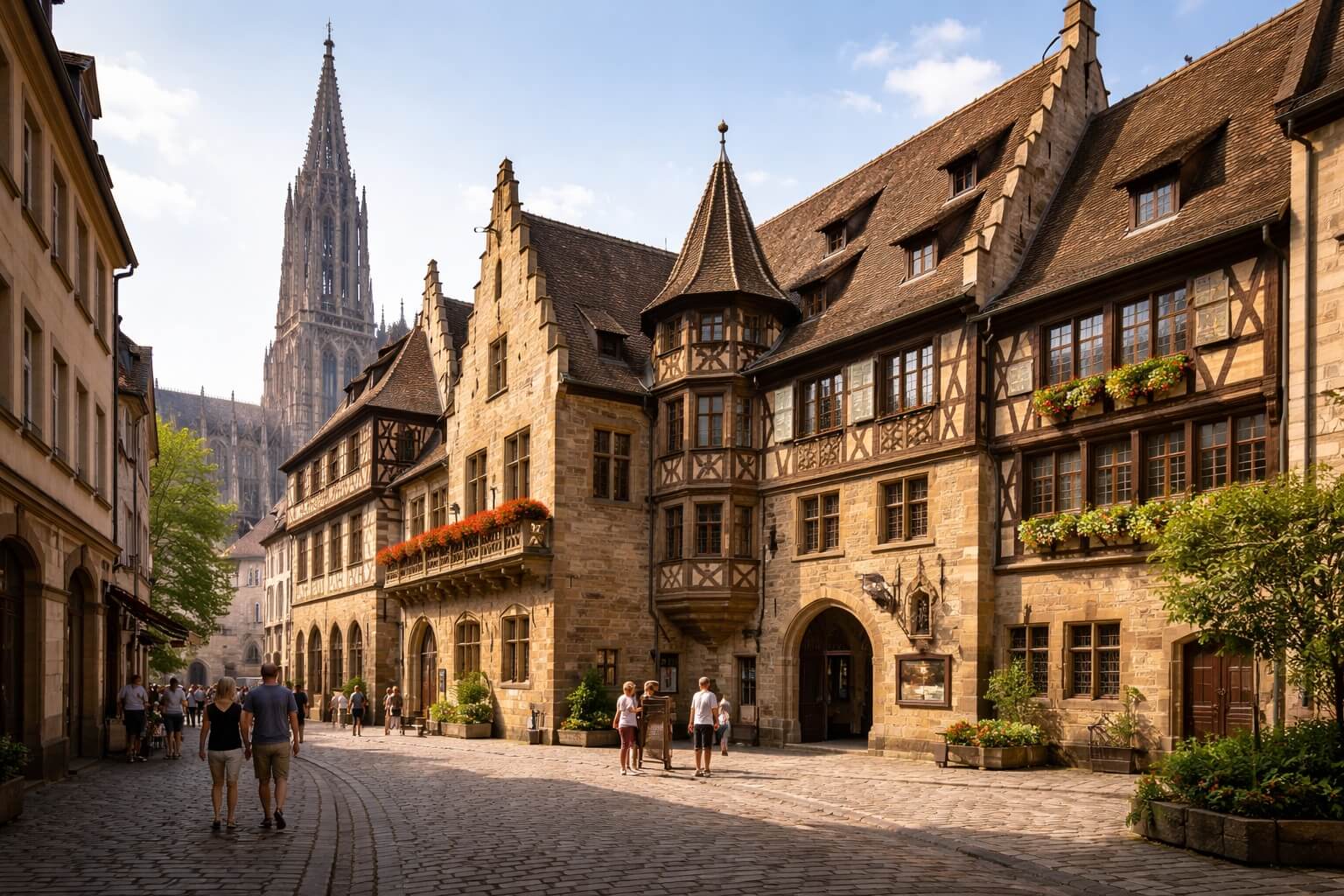 Vue extérieure du Musée de l’Œuvre Notre-Dame à Strasbourg, avec la cathédrale en arrière-plan dans le centre historique.