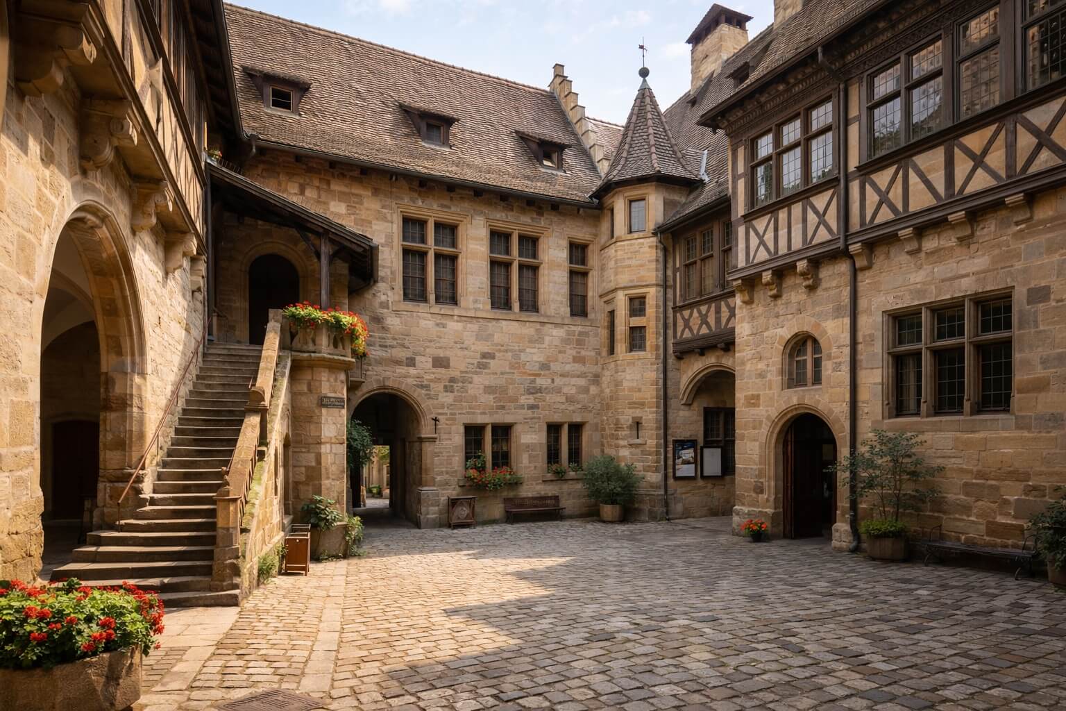 Cour intérieure du musée entourée de bâtiments anciens mêlant architecture médiévale et Renaissance.