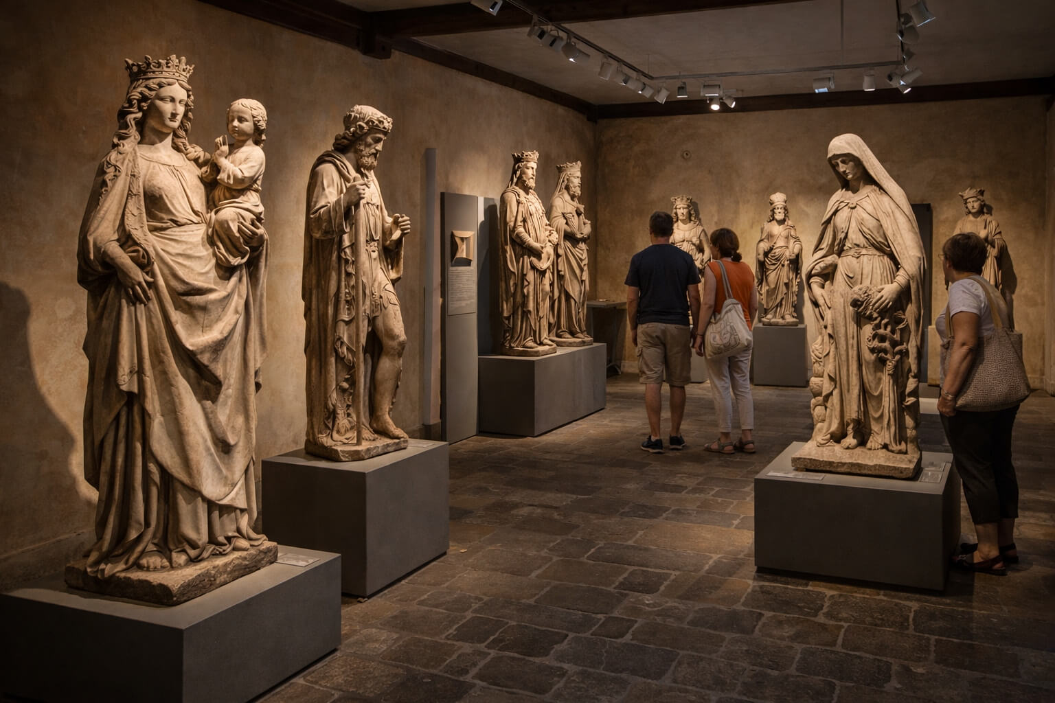 Salle du musée présentant des sculptures gothiques anciennes exposées dans une lumière douce.