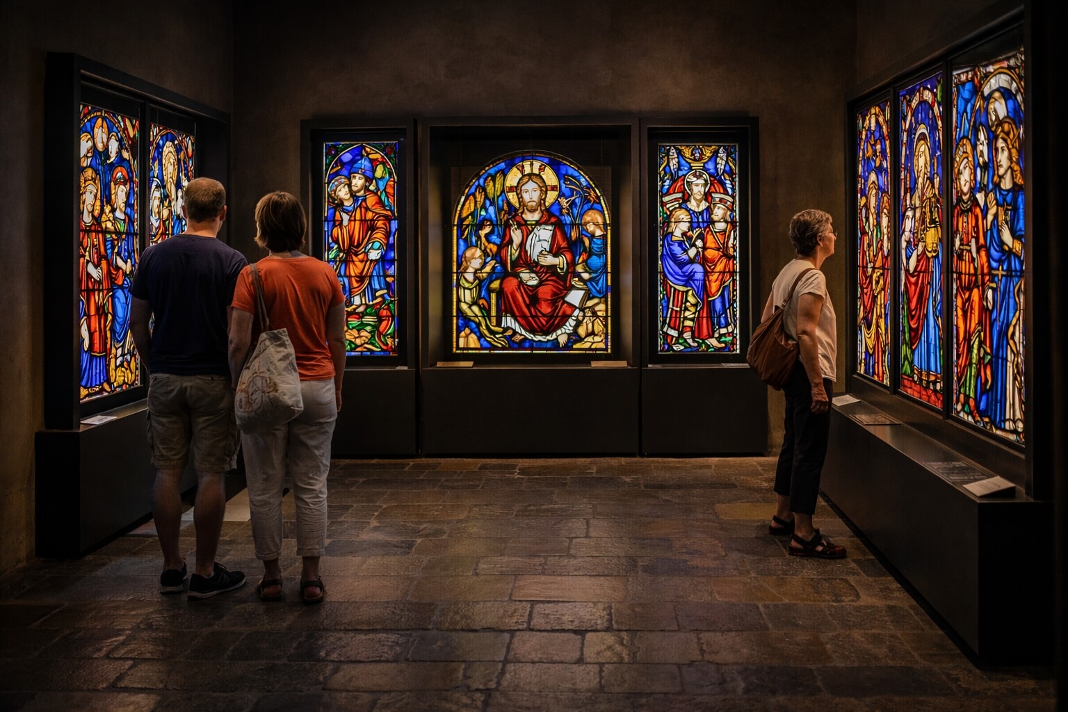 Vitraux médiévaux exposés dans une galerie du musée avec une lumière douce mettant en valeur leurs couleurs.