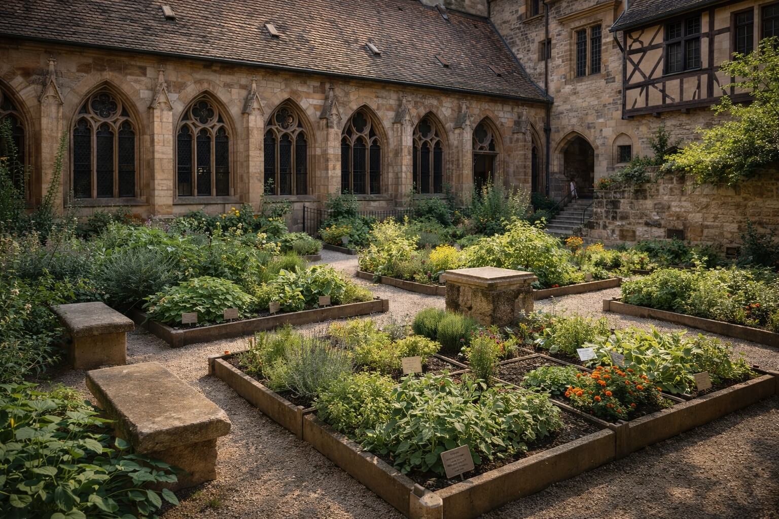 Petit jardin gothique paisible du musée avec plantes médicinales et murs anciens