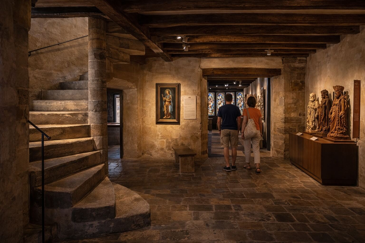 Intérieur ancien du musée avec poutres apparentes, escalier en colimaçon et salles d’exposition.