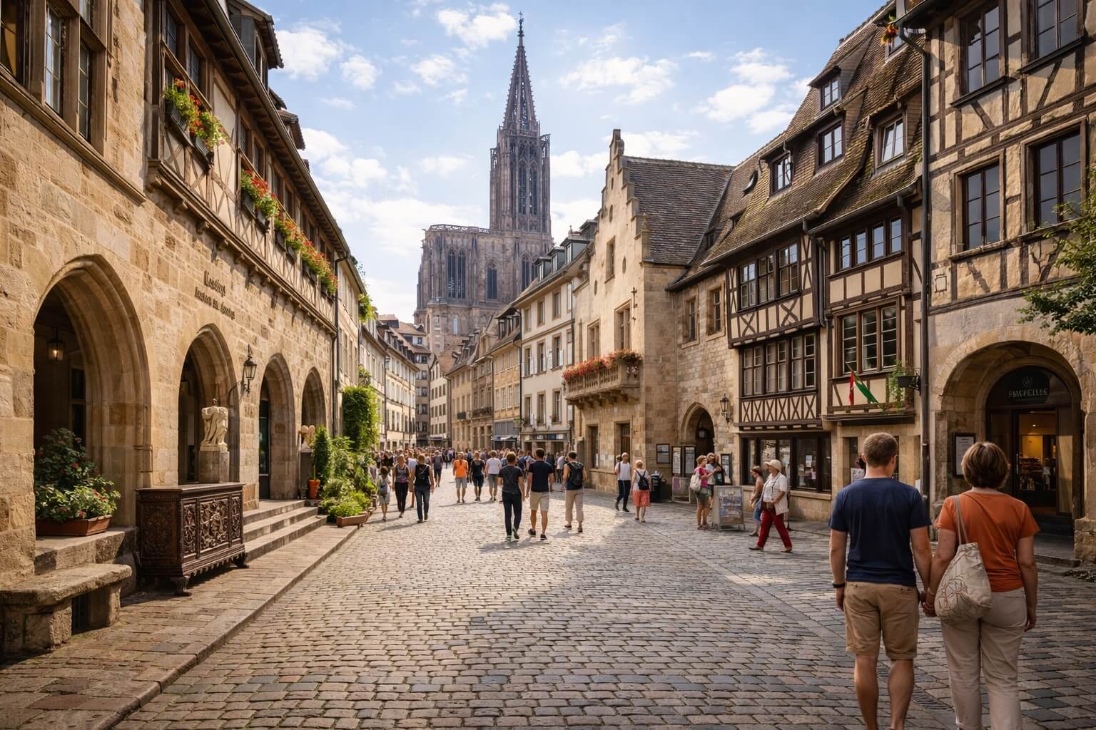 Vue du quartier historique autour du musée, avec rues pavées et cathédrale de Strasbourg.