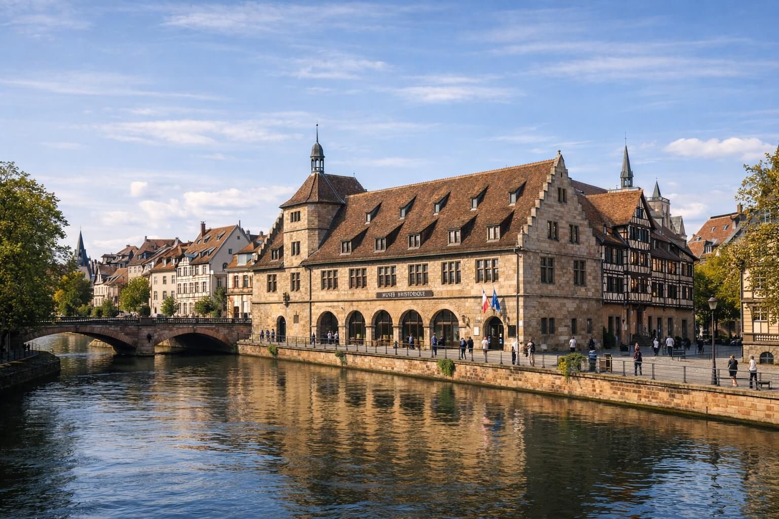 Le Musée Historique de Strasbourg dans son environnement du centre historique, entre quais et bâtiments anciens.