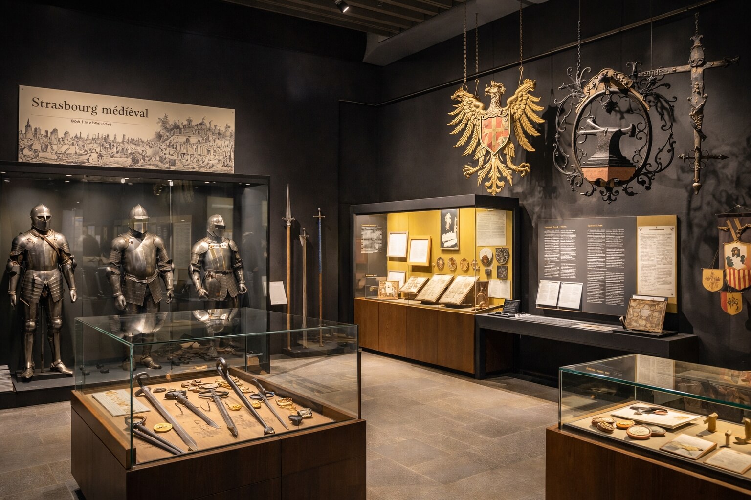 Salle du musée présentant des objets liés au Strasbourg médiéval, comme armures et artefacts anciens.
