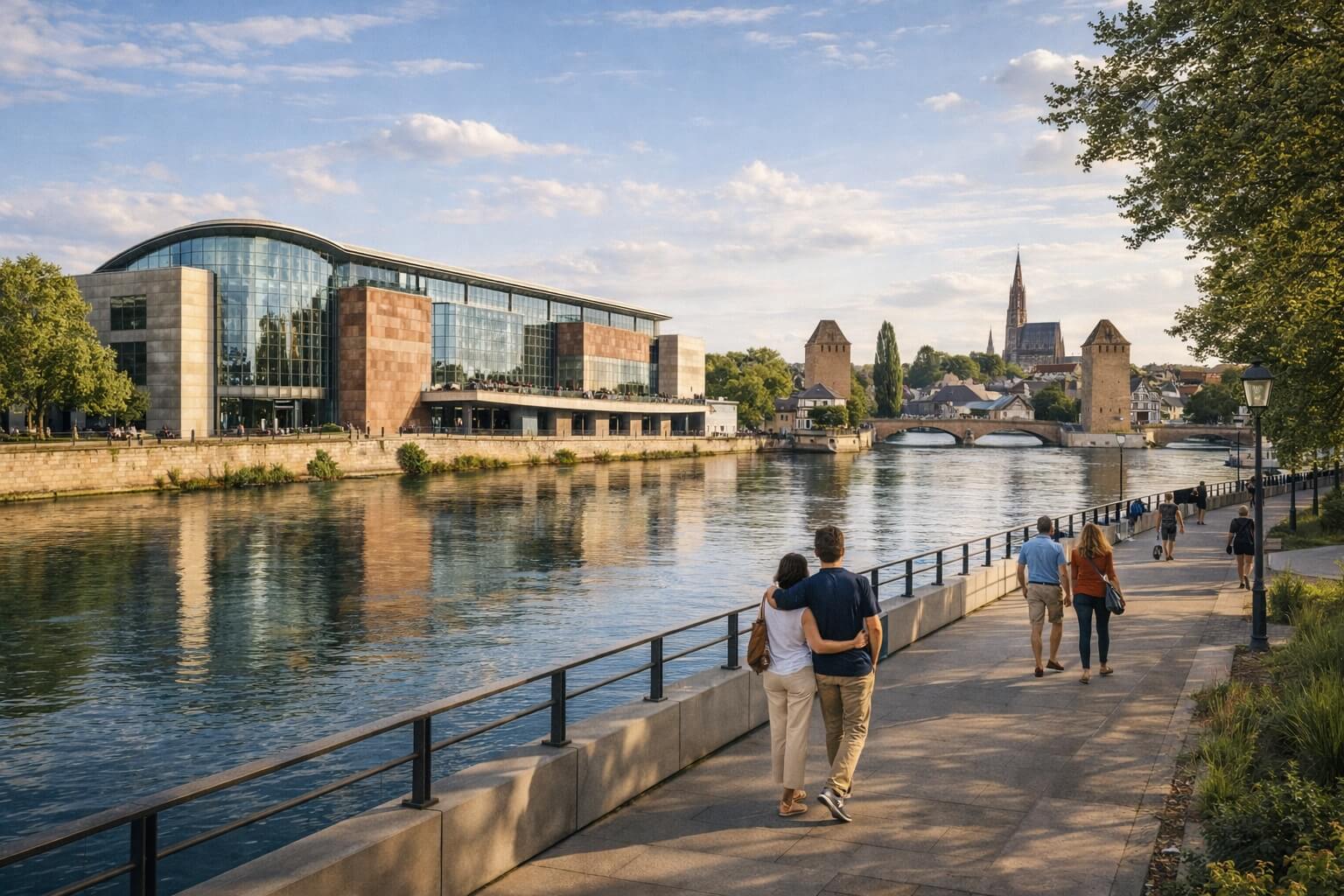Vue extérieure du MAMCS de Strasbourg au bord de l’Ill, dans une ambiance lumineuse et apaisée.