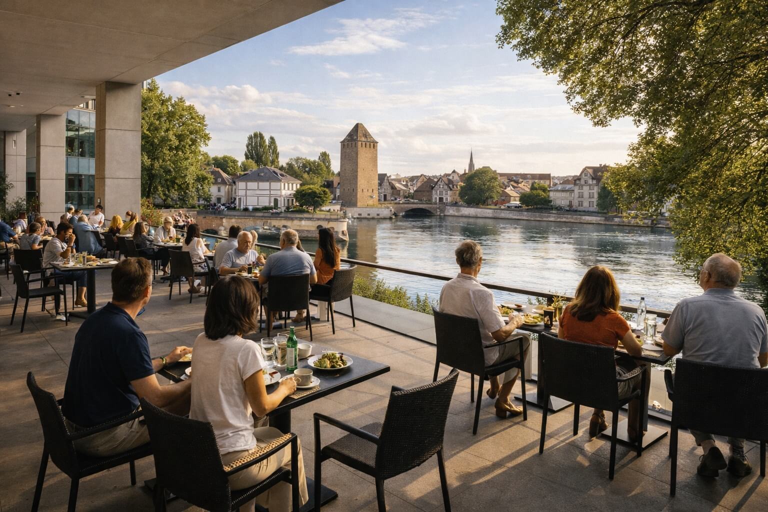 Terrasse de café attenante au musée, avec vue sur l’eau et ambiance détendue.